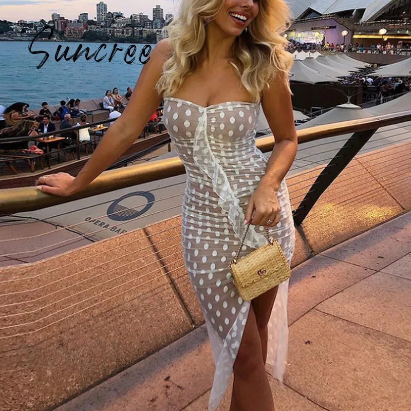 

SUNCREE Dot White Dress Female Fashion Sexy Mesh Ruffles Bodycon Dresses for Women 2021 Night Club Party Dresses Women Evening