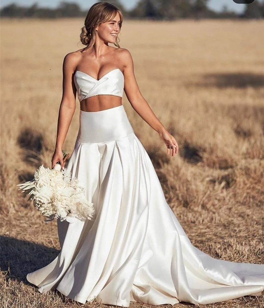 

Женское атласное свадебное платье, очаровательное платье до пола из двух предметов со шлейфом, 2021