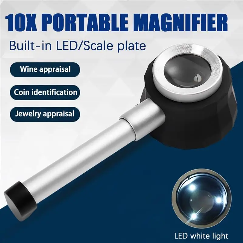Lente d'ingrandimento portatile con luce UV 10X dermatoscopio maniglia liscia visione chiara misura scala lente d'ingrandimento
