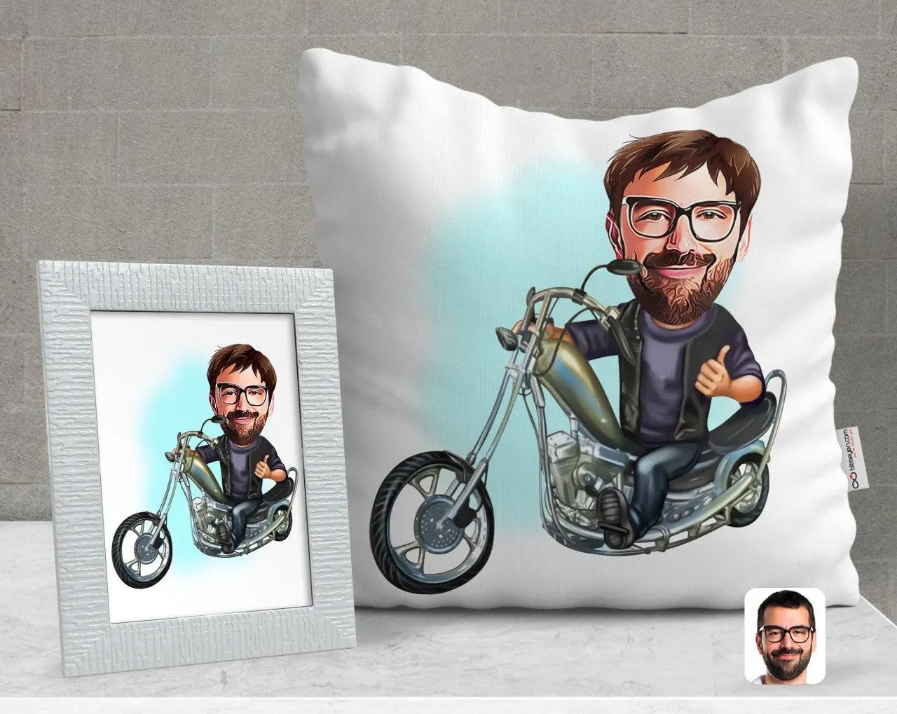 

Персонализированная Мужская Байкерская карикатура декоративная подушка и рамка Подарочный набор-4
