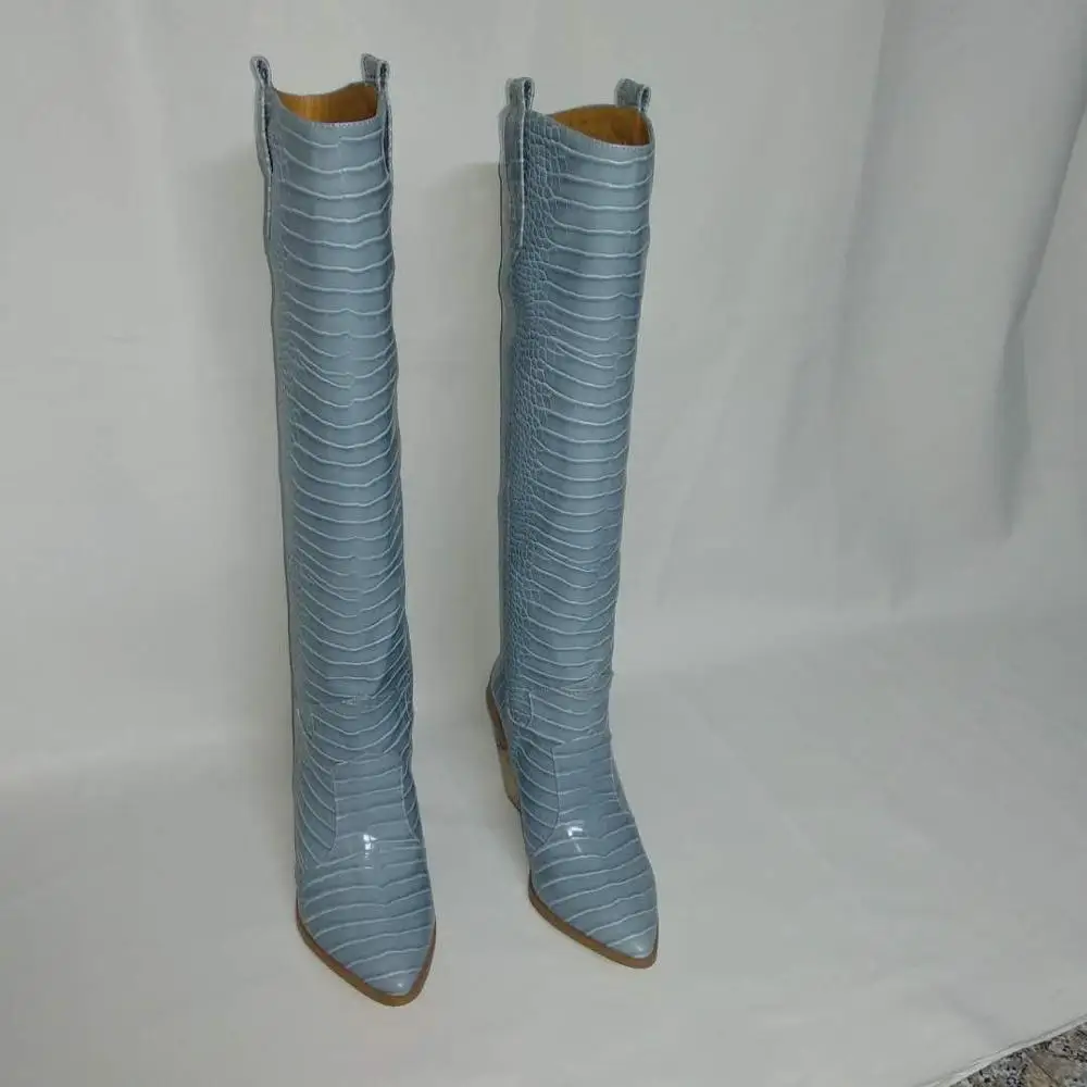 blue long boots Сапоги на высоком каблуке в необычном стиле; женские высокие ботинки в стиле панк с острым носком; женские ботильоны на танкетке, без застежки, с деревянным лицевым покрытием, со змеиным узором - Цвет: blue long boots