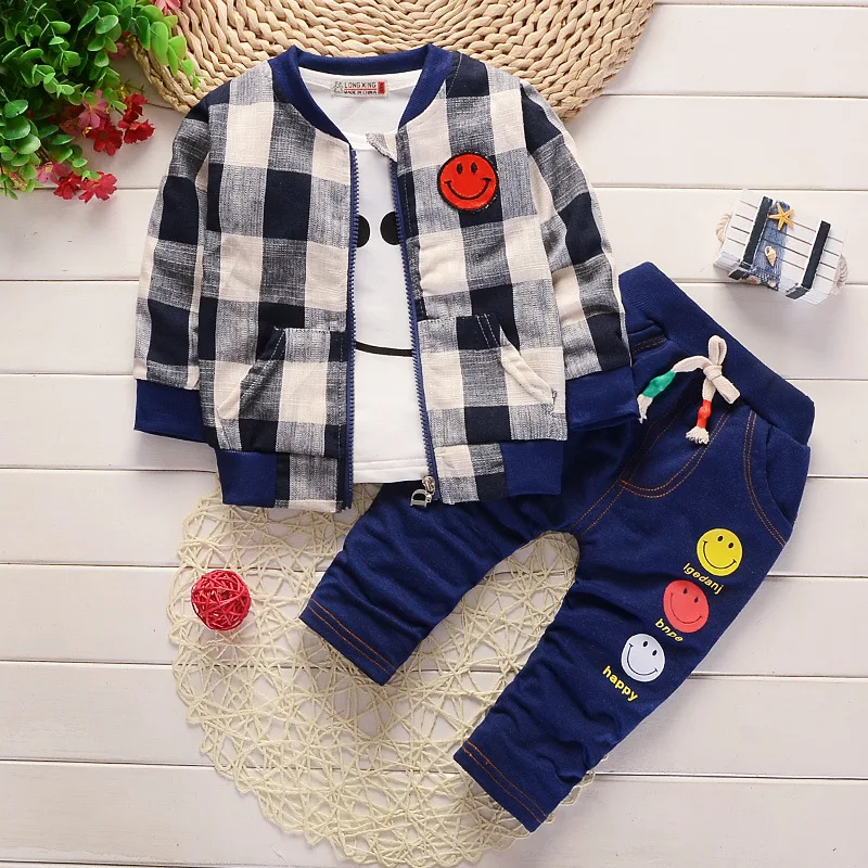 

New Fashion Spring Fall Winter Cotton Warm Baby Boy Clothes 3 Pieces Plaid Zipper Long Sleeve Coat+smiley Tops+denim Pants 0-24M