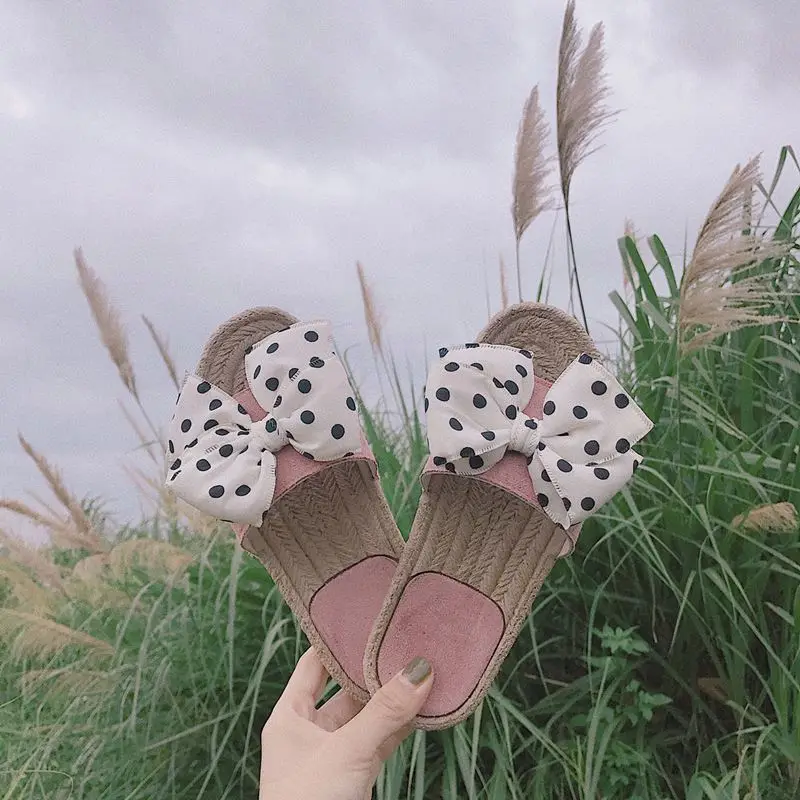 2019 г. Обувь в горошек Корейском стиле женские милые тапочки с бантиком соломенные