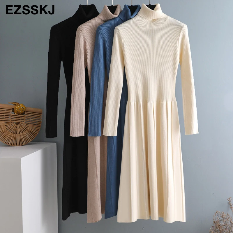 Осень-зима 2020 длинное платье-свитер с круглым вырезом женское базовое теплое