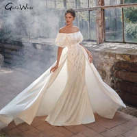 hot puff sleeve luxury sequined mermaid wedding dress with detachable train off the shoulder wedding gowns vestidos de novia