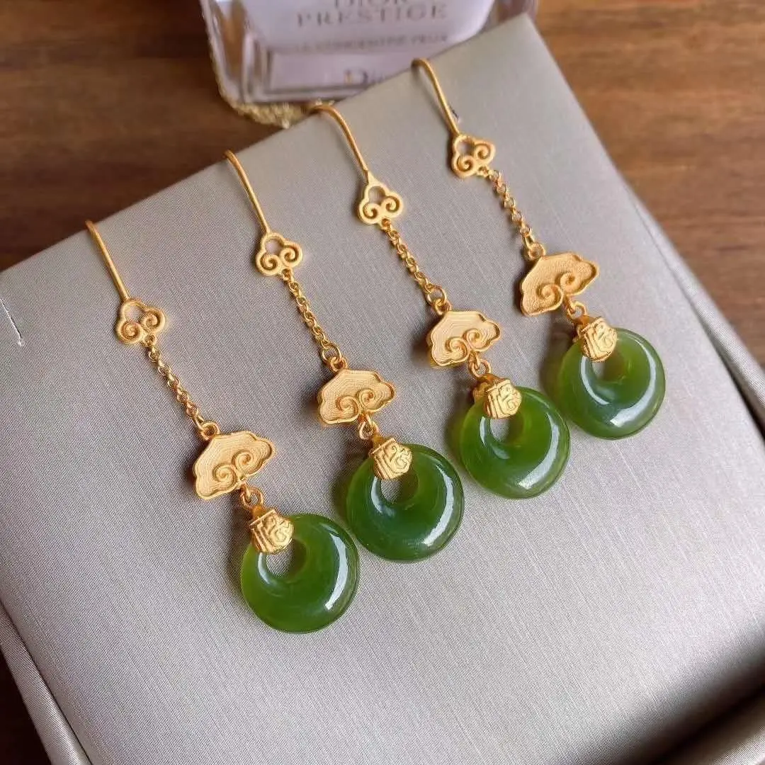 

silver inlaid natural Hetian Jasper Antique Earrings Chinese classic fairyland elegant charm minority design women's first brand