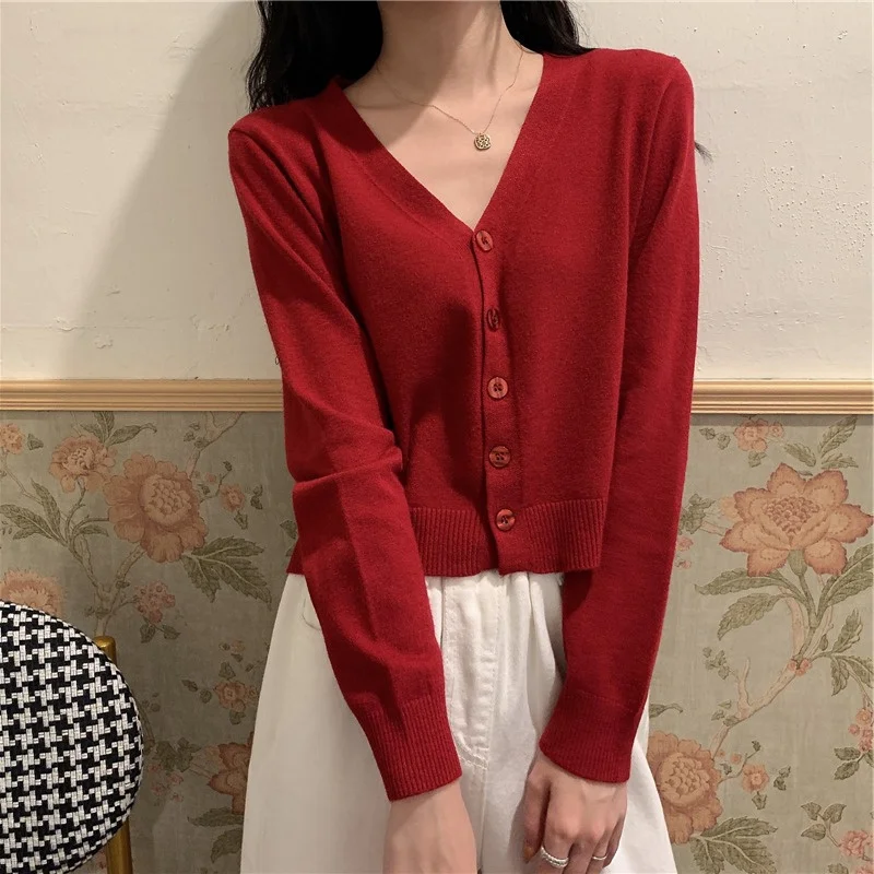 

Женский трикотажный кардиган в стиле ретро, короткий свитер с V-образным вырезом в Корейском стиле, маленькая кофта, весна-осень 2021