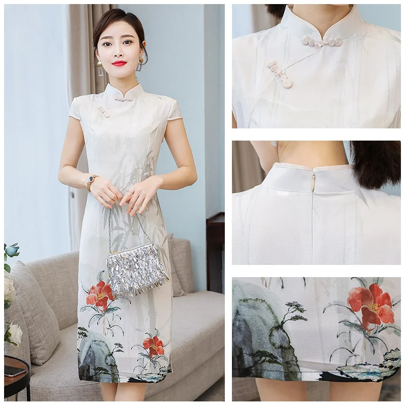 Женское платье в китайском стиле длинное летнее с короткими рукавами модель 2020