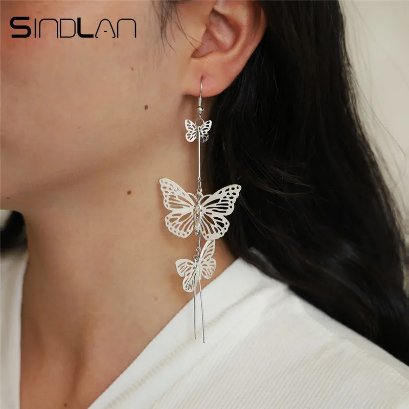 Sindlan корейский Серебряный цвет металлические полые серьги бабочки для женщин