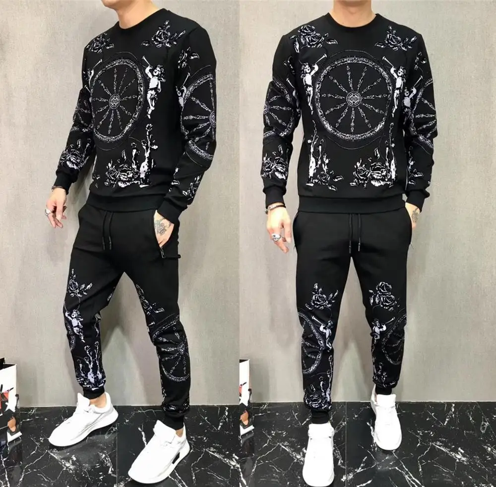 

Мужской спортивный костюм из двух предметов, Черный Повседневный тренировочный костюм с принтом, Свитшот и штаны, 2020