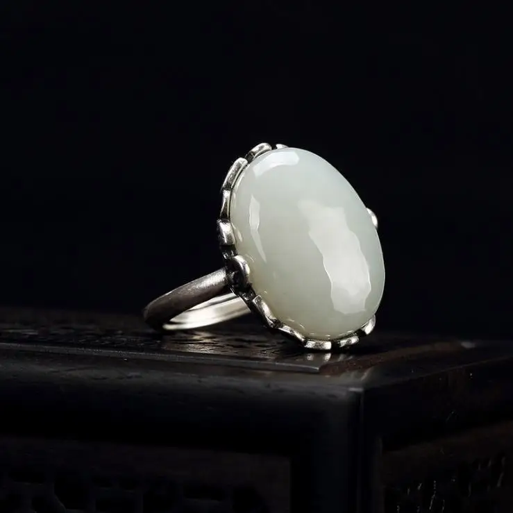 

Natural white jade oval open ring Chinese retro light luxury designer pattern craftsmanship charm women's silver jewelry