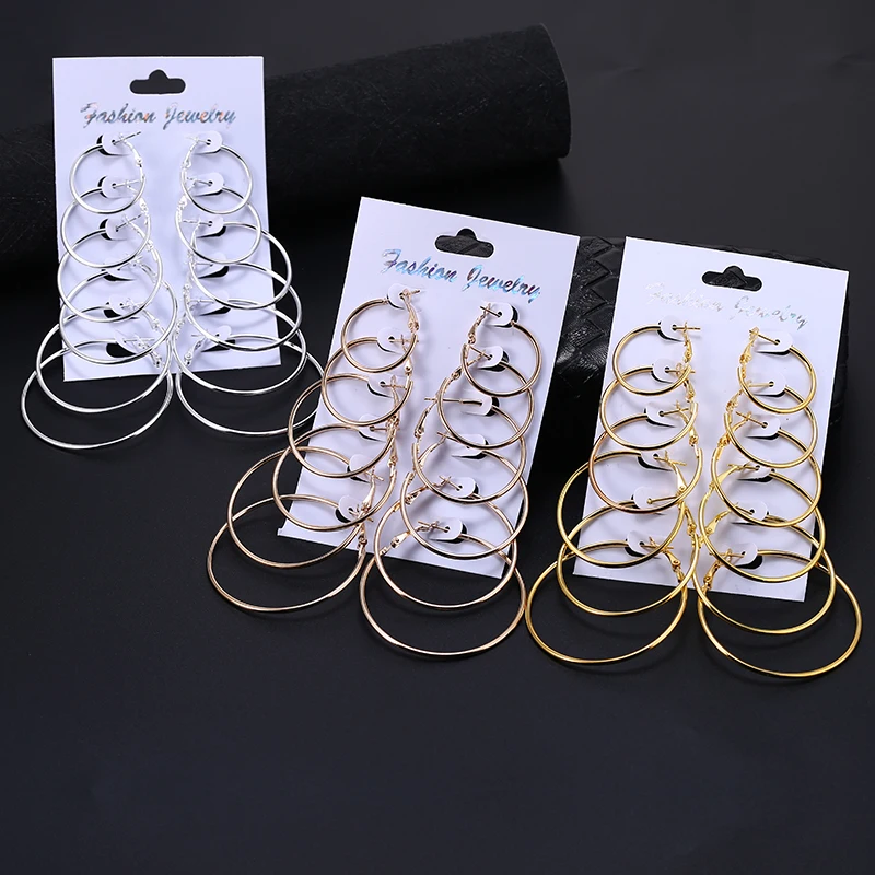 

6 Pairs/Set Gold Silver Round Hoop Earrings For Women Fashion Statement 2019 Punk Big Circle Earring Set Simple Jewelry Brincos