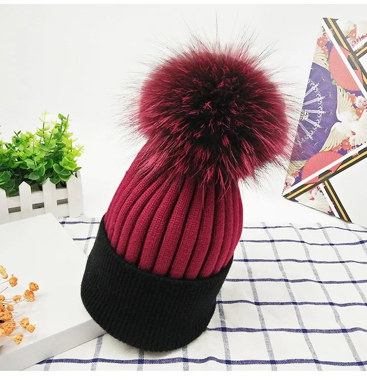 Женские вязаные шапочки со съемным меховым помпоном 15 см Skullies, зимние меховые шапки для девочек, женские шапочки из натурального меха - Цвет: burgundy