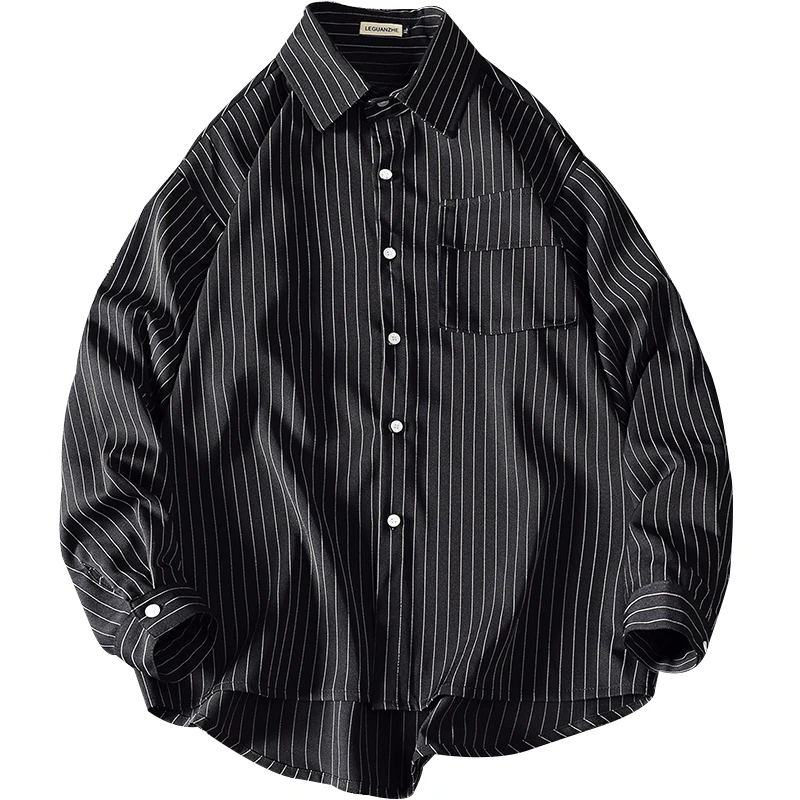 

2020 New Fashion Japanese Striped Men Shirt Casual High Street Black Green Loose Wild Long Sleeve Hip Hop Shirts