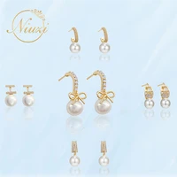 retro classic pearl dangle earrings for women fine luxury crystal geometry bow piercing stud earrings girl daily simple jewelry