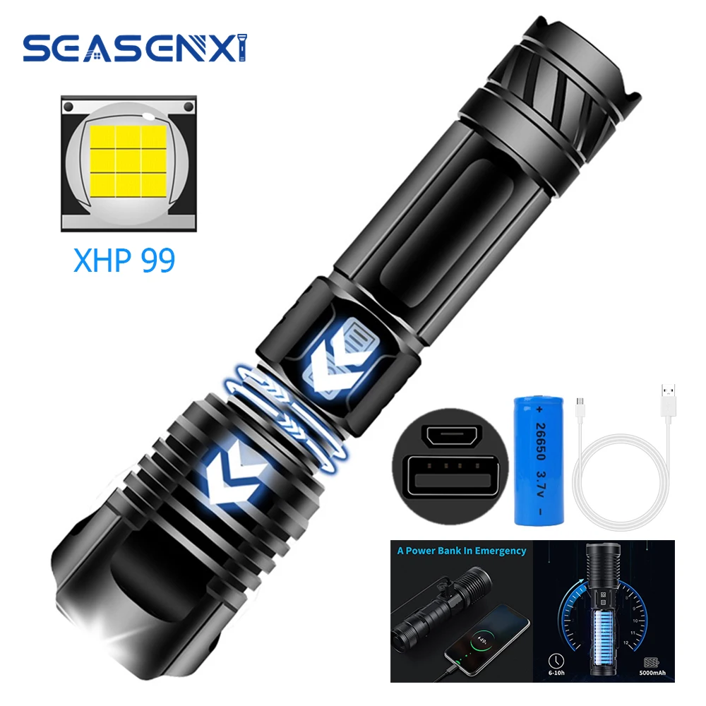 

Светодиодный фонарик SEASENXI, 2000 лм, суперъяркий, IPX5, супер водонепроницаемый фонарик XHP100, масштабируемая лампа, 9 ядер, USB Перезаряжаемый фонар...