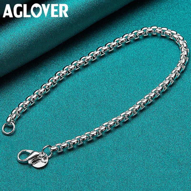 

AGLOVER 925 Sterling Silver Round Box Chain Bracelet For Women Fashion Engagement Wedding Party Jewelry Gift