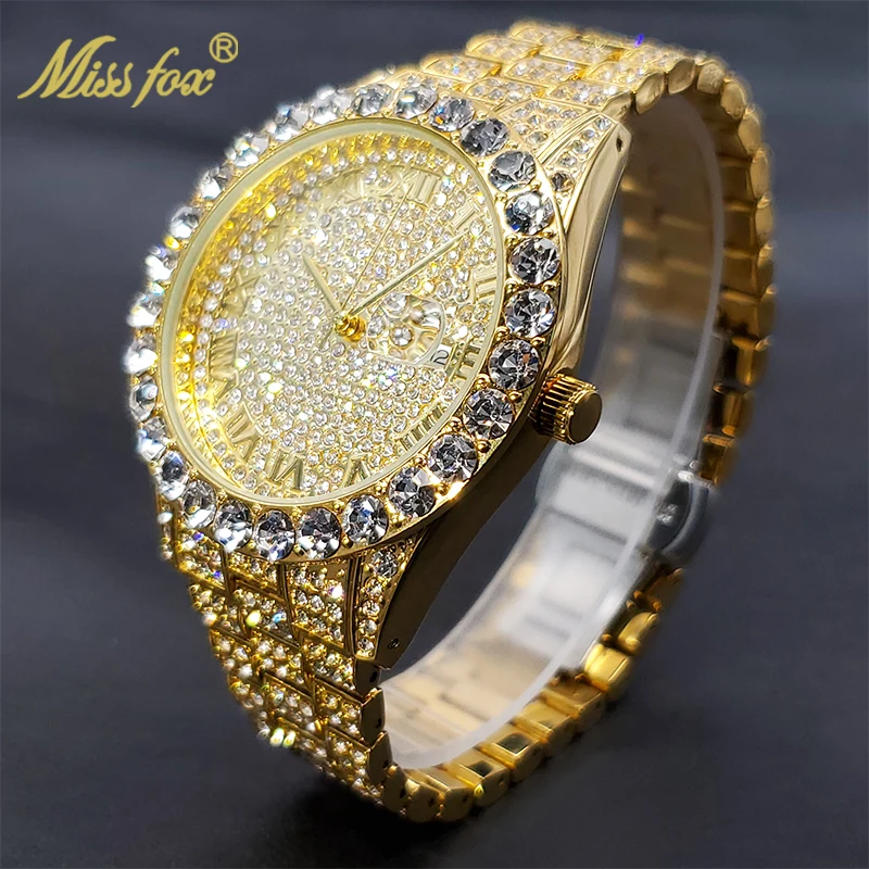 ساعة كلاسيك MISSFOX Brand Golden Watch For Men Full Diamond Stylish Master Style Couple Watches Gift Wholesale ساعات رجالية -
