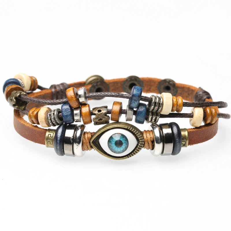 

Bracelet beaded eye leather charm adjustable leather bracelet for men and women