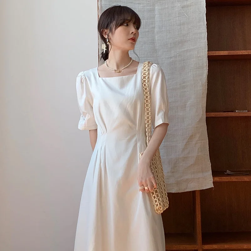 

Женское приталенное платье выше колена, белое платье средней длины с квадратным воротником и пышными рукавами, облегающее французское плат...