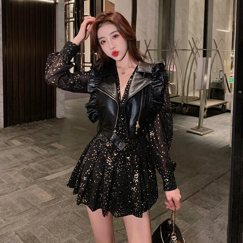 

French Sexy V Neck Shiny Star Slim Waist Long-Sleeved Short Dress Female Spring Fashion Sexy Ruched Waist Dress Female Trend