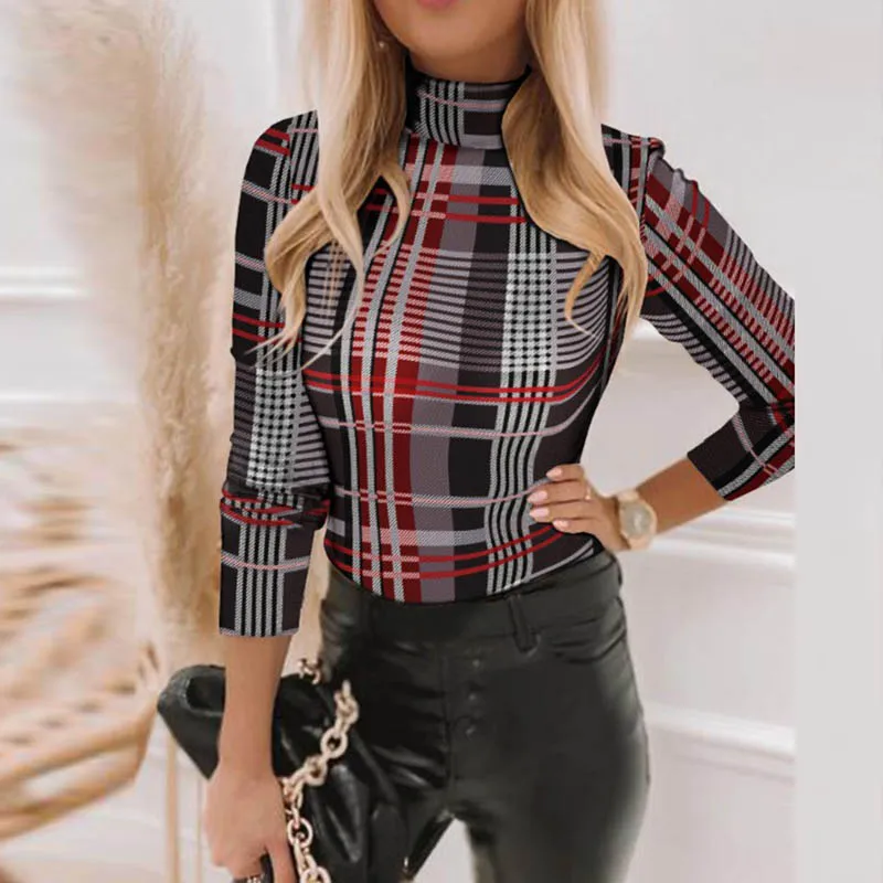 

Retro Turtleneck Geometric Print T-shirt Women Spring Autumn Fashion Long Sleeve Patchwork Tees Ladies Casual Loose Pullover Top