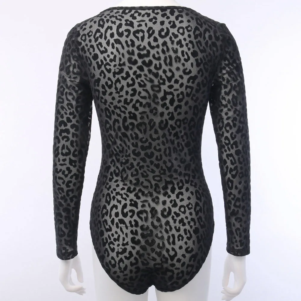 

Sexy Black Lace Mesh Bodysuits Women's Ladies Leotard Long Sleeve Leopard Stretch Skinny Jumpsuit Tops Playsuits Body Black