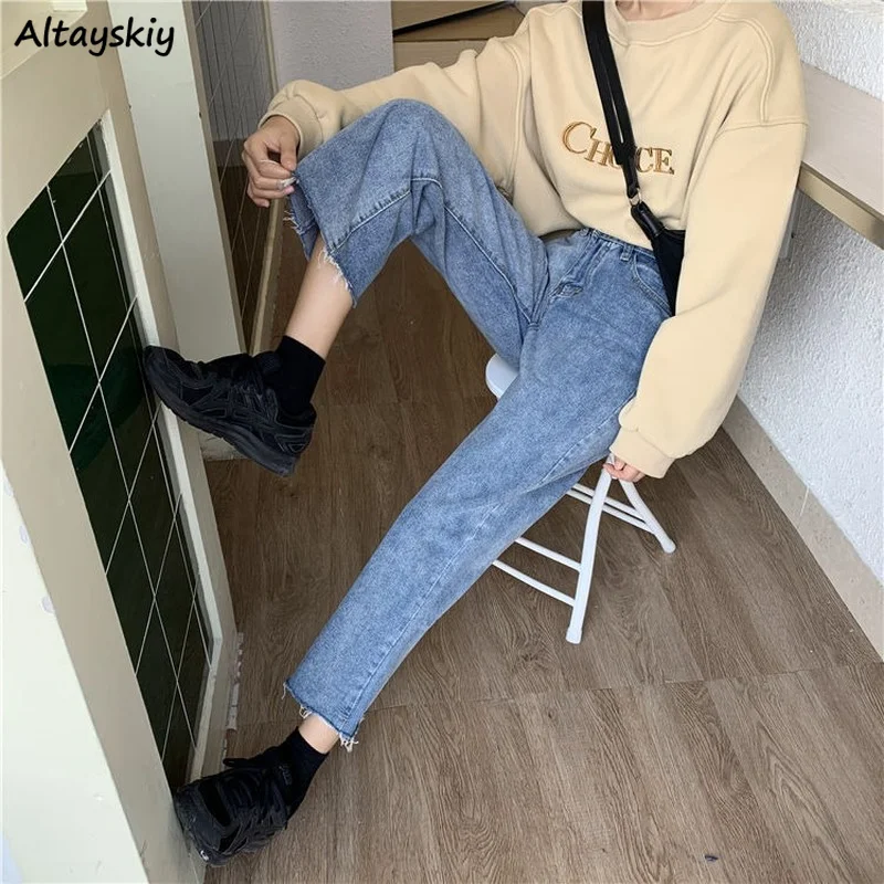 

Jeans Women Blue Solid Fur-lined Straight Ankle Length Trousers High Street Empire Retro Casual Ulzzang Students Chic Bottoms BF