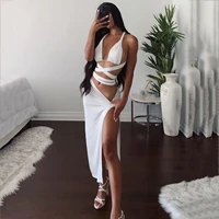 dress sets sexy and elegant v neck halter vest slit long skirt black and white two piece sets womens outifits new year 2022