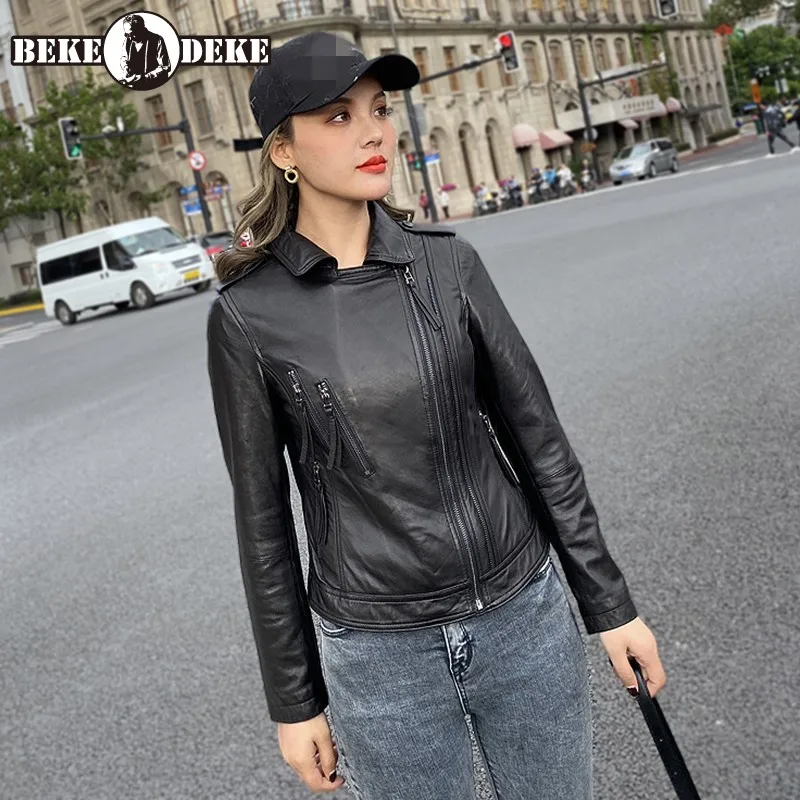 

High Quality New Autumn Women Lapel Sheepskin Coat Korean Style Slim Short Motorcycle Jacket Genuine Leather Asymmetry Zipper