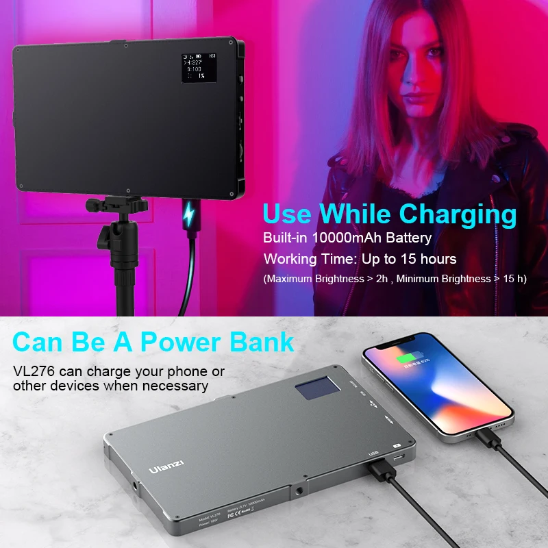

Ulanzi VL276 Professional Full Color RGB Video Light LED Camera Light 3200K-5600K Dimmable Studio Light 10000mAh Panel Light