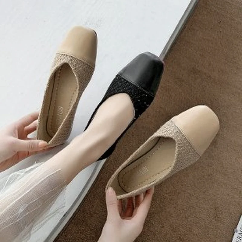 

Женская обувь 2021, мягкая обувь на плоской подошве, вязаные женские туфли с квадратным носком, женская обувь