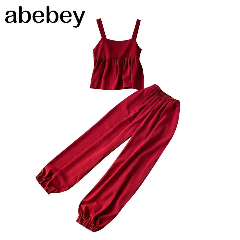 

Women Summer Korean Vacation Set Sexy Sleeveless Off Shoulder Strap Short Tops+High Waist Long Pants Two Piece Suits