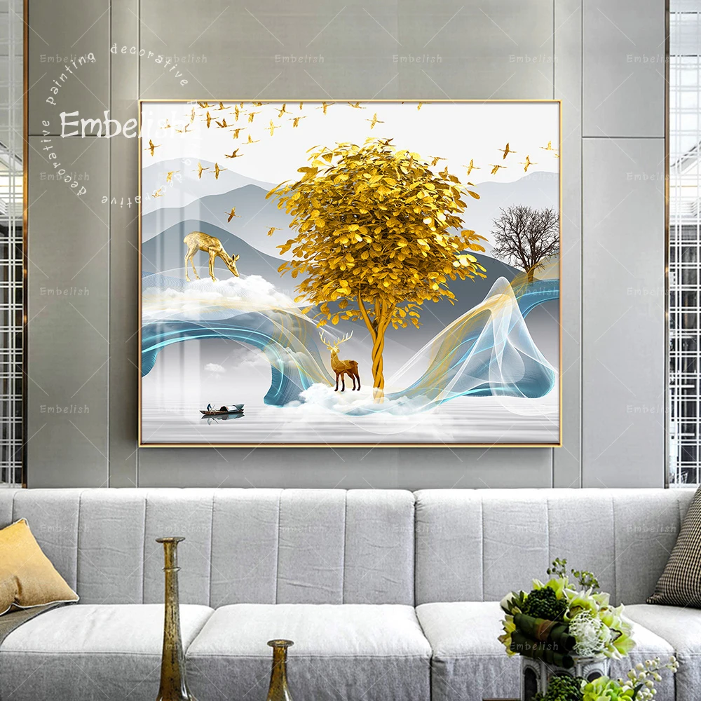 

Embelish Modern Home Decor Golden Tree And Deer Landscape HD Canvas Paintings FOr Living Room Office Fashion Wall Art Pictures