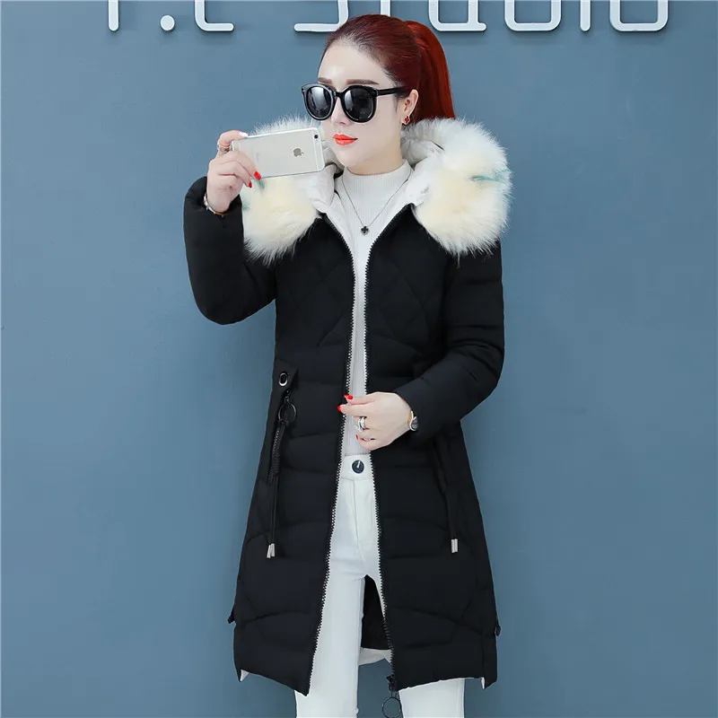 Women's Winter Jacket Artificial Large Fur Collar Hooded Female Coat Slim Cotton-padded Long Outerwear Parka 1211 | Женская одежда