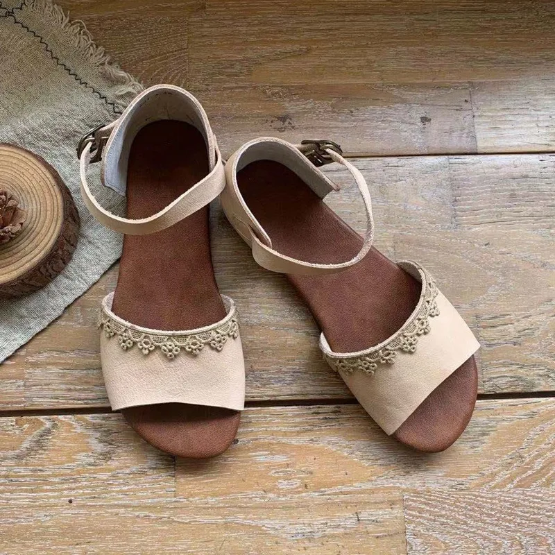 

Careaymade-Genuine leather new original fish mouth lace soft retro low heel breathable sandals comfortable women's shoes