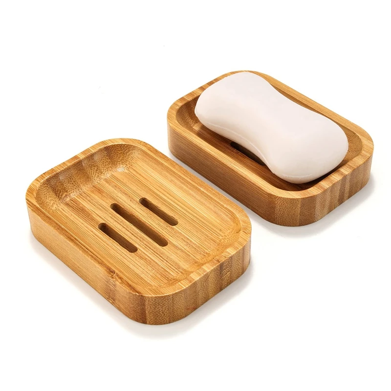 

Set of 2 Natural Wood Bamboo Soap Dish Tray Holder Handmade for Bathroom Kitchen Sponges Storage Accessories