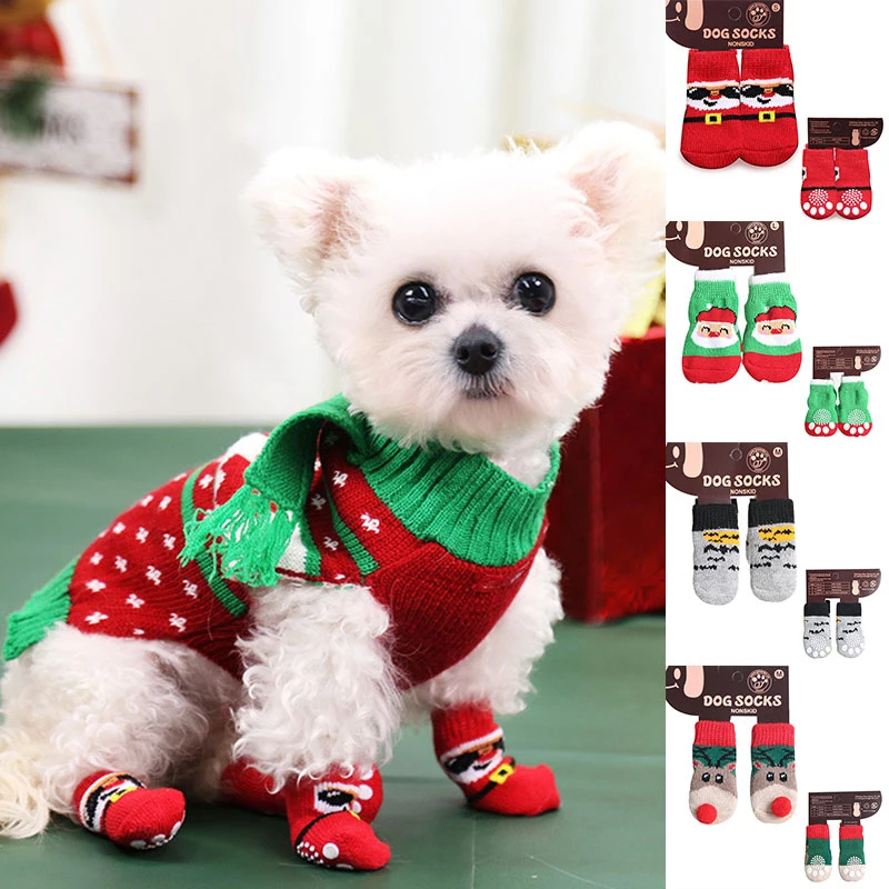 

4pcs/Set Cute Puppy Dog Knit Socks 2021 Christmas Small Dogs Anti-Slip Cat Shoes Autumn Winter Indoor Puppy Shoes Paw Protector