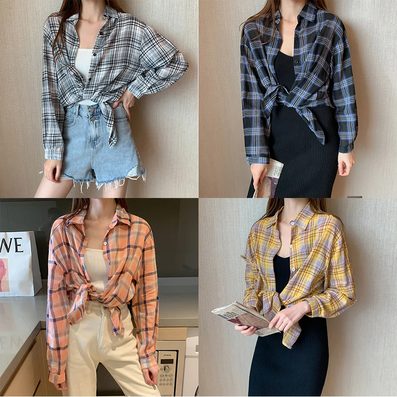 

Женская рубашка с длинным рукавом, черная блузка большого размера, с принтом в клетку, Осень-зима 2021