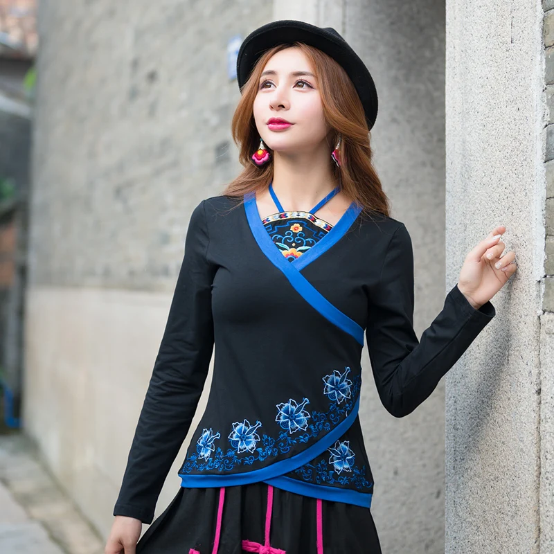 Женская блузка с длинным рукавом KYQIAO фиолетовая черная синяя винтажная вышивкой