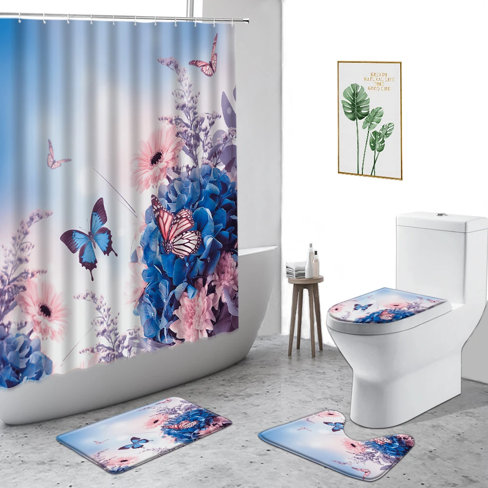 

Butterfly Flowers Waterproof Shower Curtain Bathroom Decoration Non-Slip Bath Mat Toilet Cover Bathtub Screen Fabric With Hooks