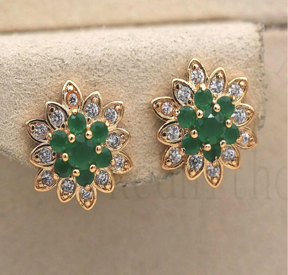 OBS3112-Gold-Green Роскошные серьги-гвоздики для Для женщин Золотой Цвет серьги в форме цветка с Красный зелёный циркон, Мода ювелирные изделия для вечерние свадебные Юбилей подарок - Окраска металла: OBS3112-Gold-Green