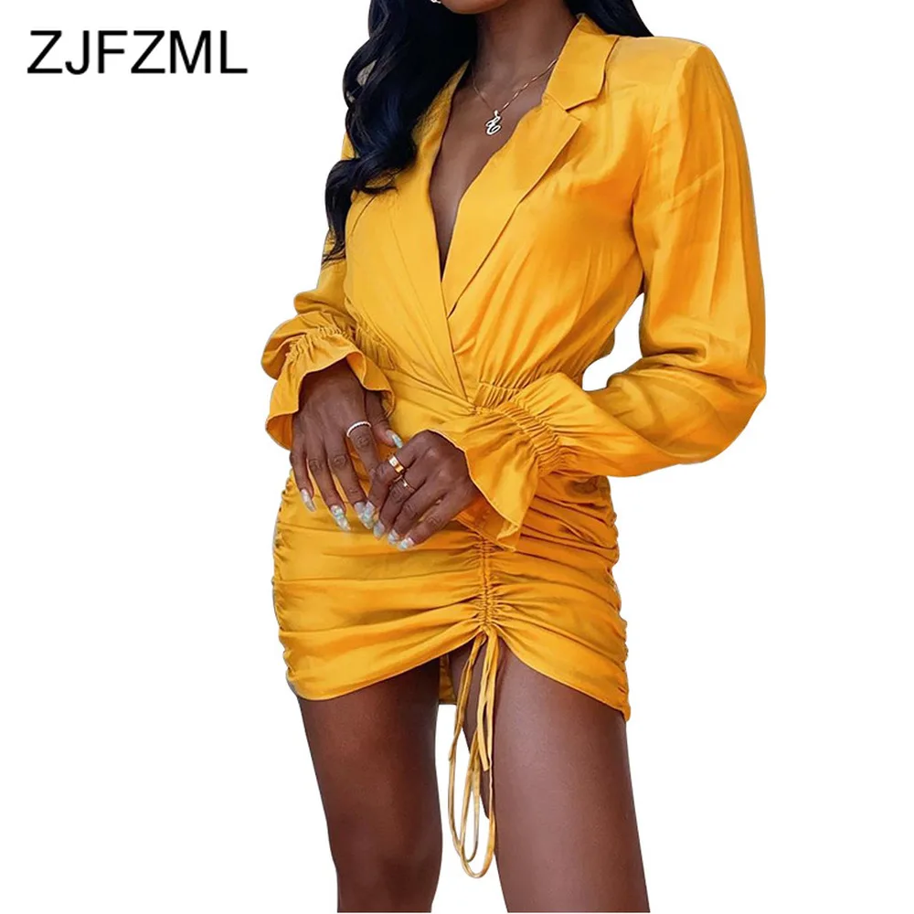 

Мини-платье женское весеннее с рюшами, пикантное облегающее платье с длинным рукавом, пикантное желтое/черное