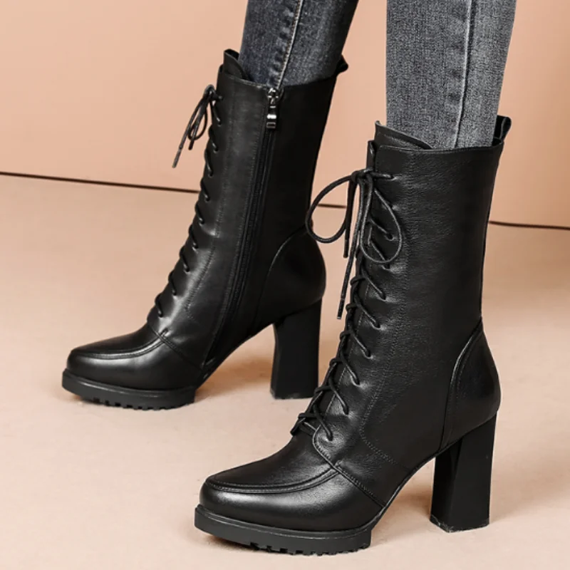 

2022 Autumn Winter High Quality Leather Boots Women's High Heel Knee-High Boots Boots Winter Lace Up Anti-slip Warm Boots