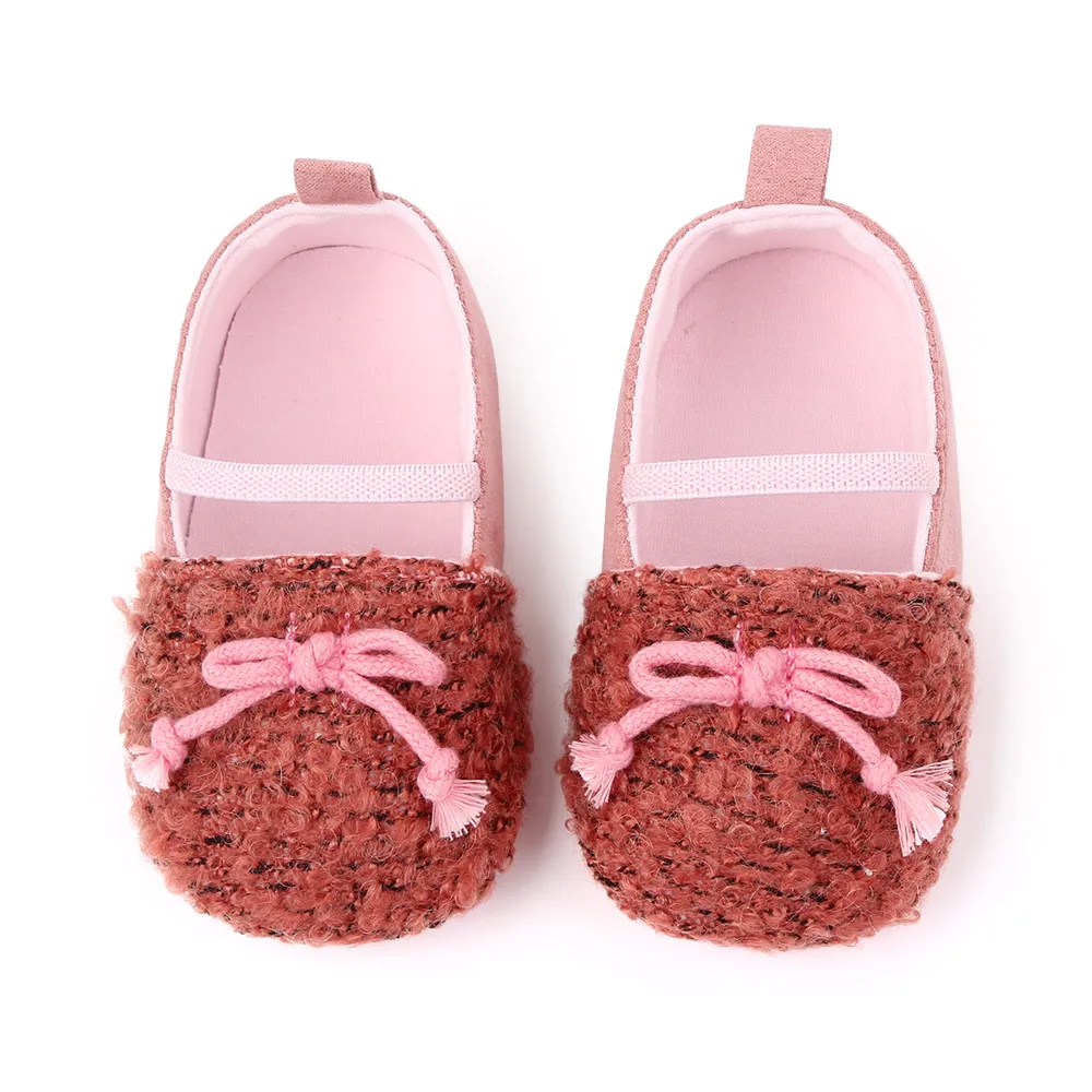 Детские мокасины с меховым бантом для девочек кроссовки новорожденных обувь