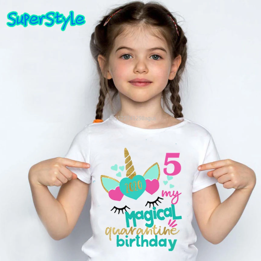 

Summer 2022 Magical Happy Birthday Number 1~9th White Short Sleeve Quarantine Girls T-shirts Unicorn Kids Clothes Tops DHKP377