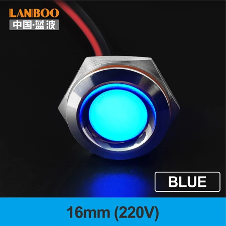 LANBOO 16 мм, 19 мм, 22 мм, красный, зеленый, желтый, синий, 12 В, 24 В, 110 В, 250 В, светодиодный металлический индикатор, лампа, индикатор, светильник, одна лампа, водонепроницаемая - Цвет: 16mm-Blue(220V)