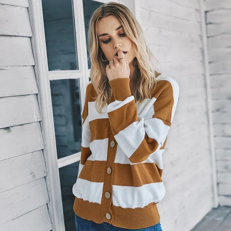 

2020 autumn and winter fashion hot new products, female designer models, women's striped pattern cardigan tops, women's trend