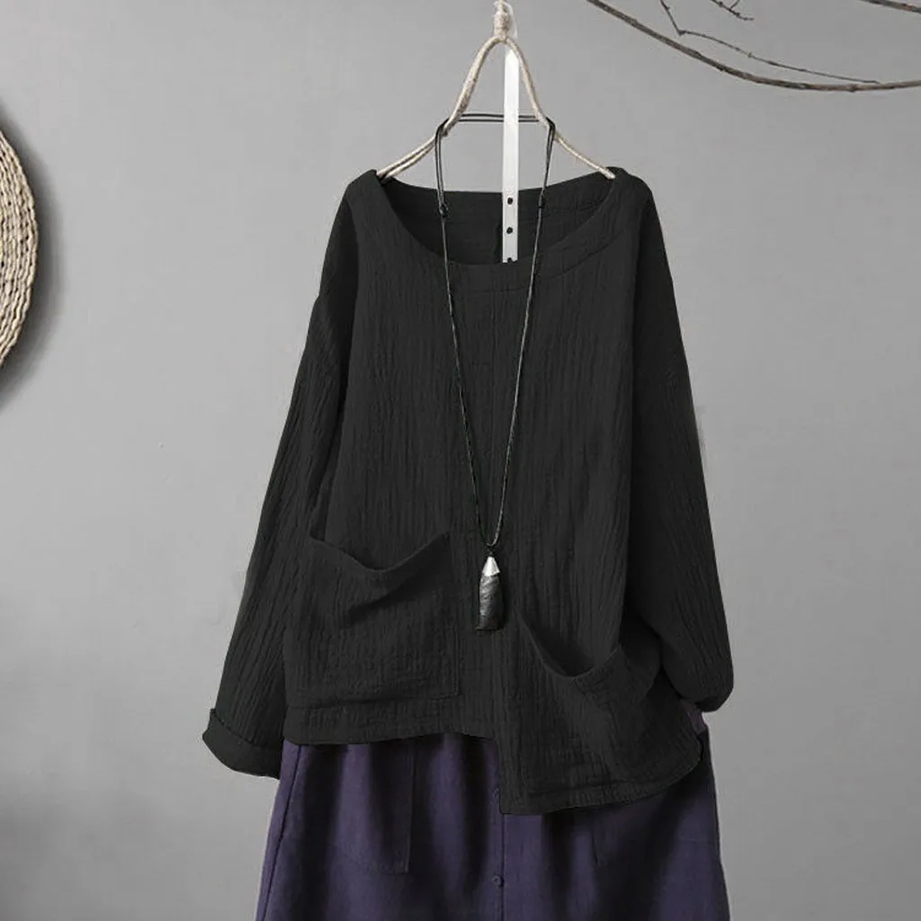 Женская рубашка размера плюс с длинным рукавом круглым вырезом и неровным