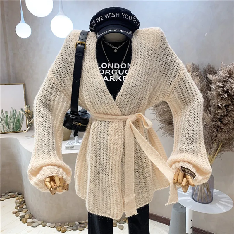 

Niche Design NEW Women's Clothing Autumn Fashion Solid Color Lace Up Sweater Medium Length Versatile Loose Cardigan Jacket Coat
